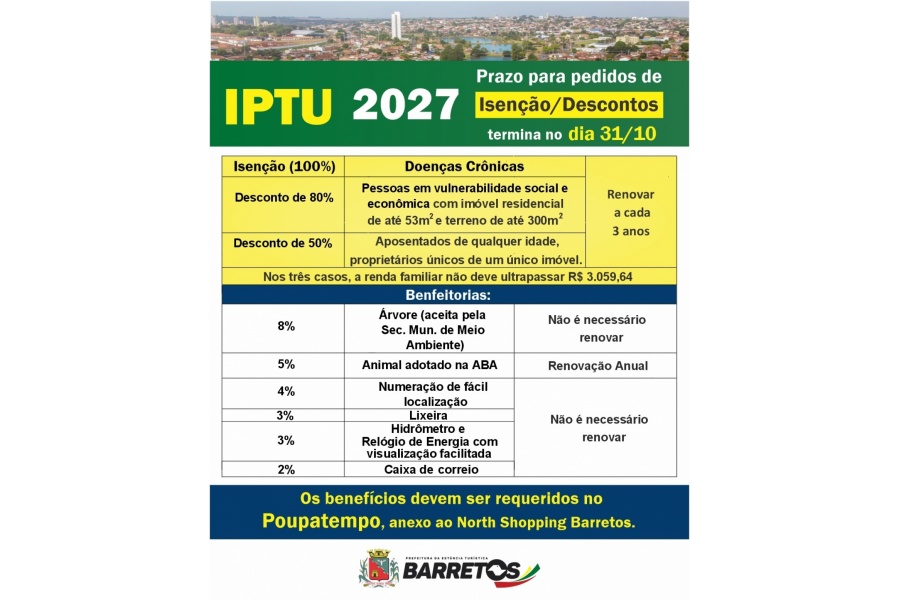 Divulgação oficial do atendimento para IPTU 2027 em Barretos